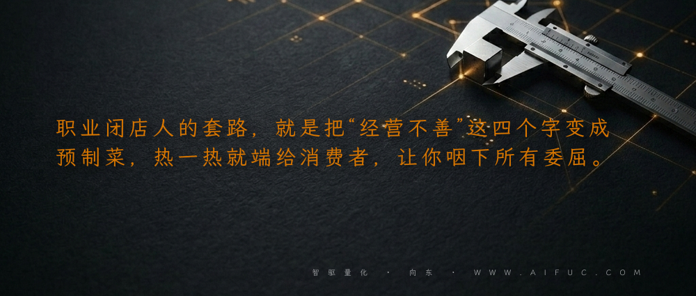 职业闭店人的套路,就是把“经营不善”这四个字变成预制菜,热一热就端给消费者,让你咽下所有委屈。