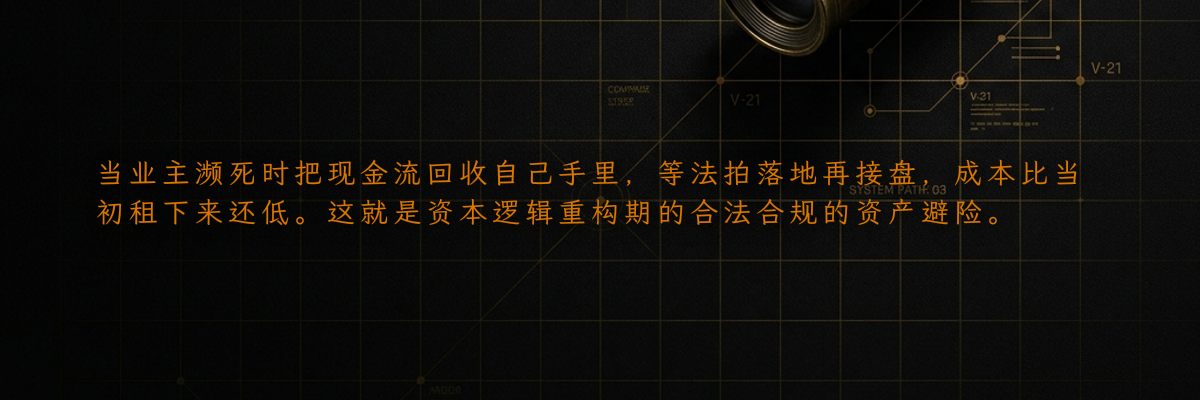 当业主濒死时把现金流回收自己手里,等法拍落地再接盘,成本比当初租下来还低。这就是资本逻辑重构期的合法合规的资产避险。