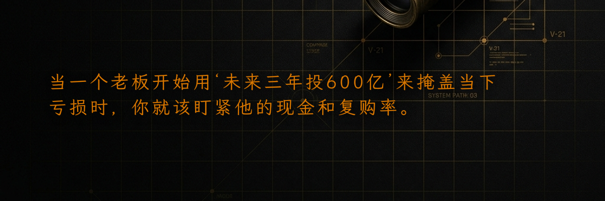 当一个老板开始用‘未来三年投600亿’来掩盖当下亏损时,你就该盯紧他的现金和复购率。