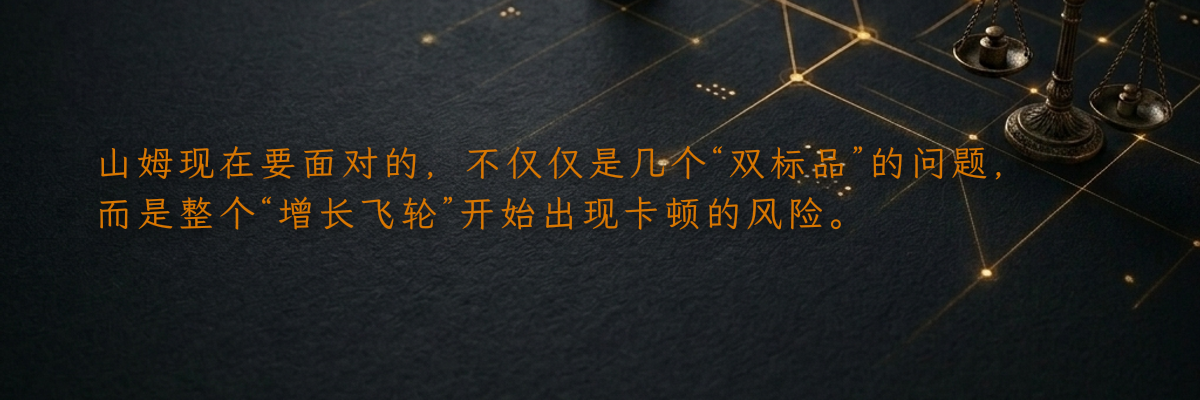 山姆现在要面对的,不仅仅是几个“双标品”的问题,而是整个“增长飞轮”开始出现卡顿的风险。
