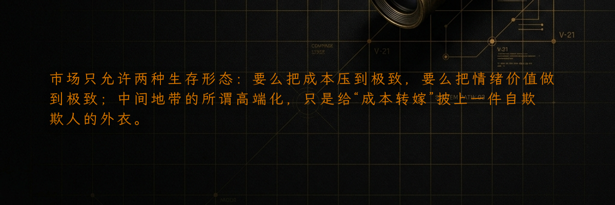 市场只允许两种生存形态:要么把成本压到极致,要么把情绪价值做到极致;中间地带的所谓高端化,只是给“成本转嫁”披上一件自欺欺人的外衣。