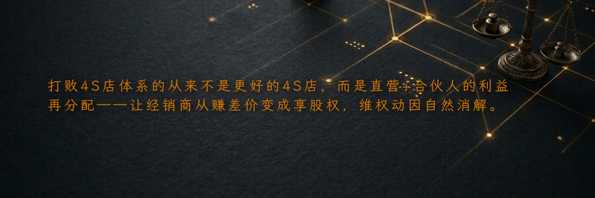打败4S店体系的从来不是更好的4S店,而是直营+合伙人的利益再分配——让经销商从赚差价变成享股权,维权动因自然消解。