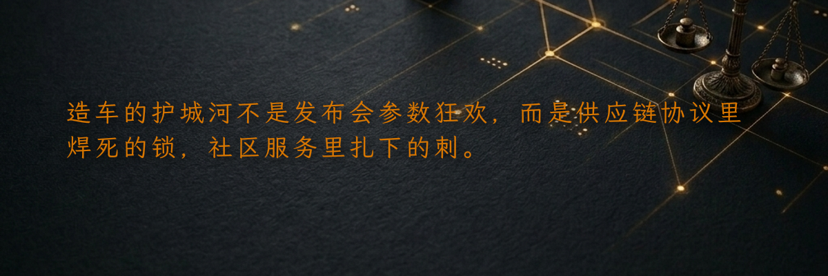 造车的护城河不是发布会参数狂欢,而是供应链协议里焊死的锁,社区服务里扎下的刺。