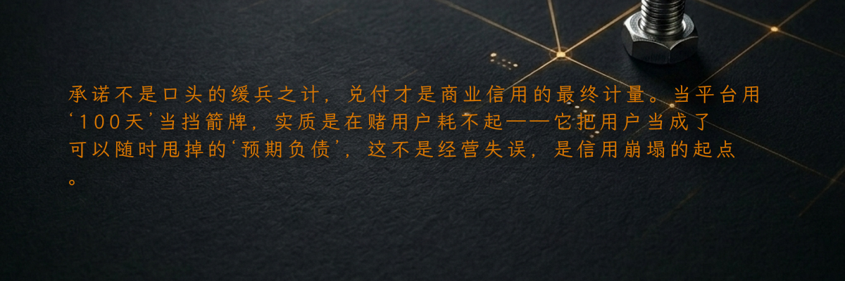 承诺不是口头的缓兵之计,兑付才是商业信用的最终计量。当平台用‘100天’当挡箭牌,实质是在赌用户耗不起——它把用户当成了可以随时甩掉的‘预期负债’,这不是经营失误,是信用崩塌的起点。