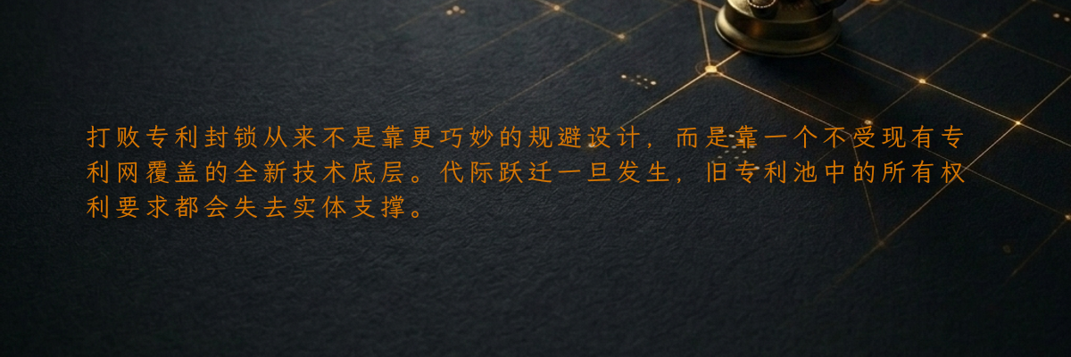 打败专利封锁从来不是靠更巧妙的规避设计,而是靠一个不受现有专利网覆盖的全新技术底层。代际跃迁一旦发生,旧专利池中的所有权利要求都会失去实体支撑。