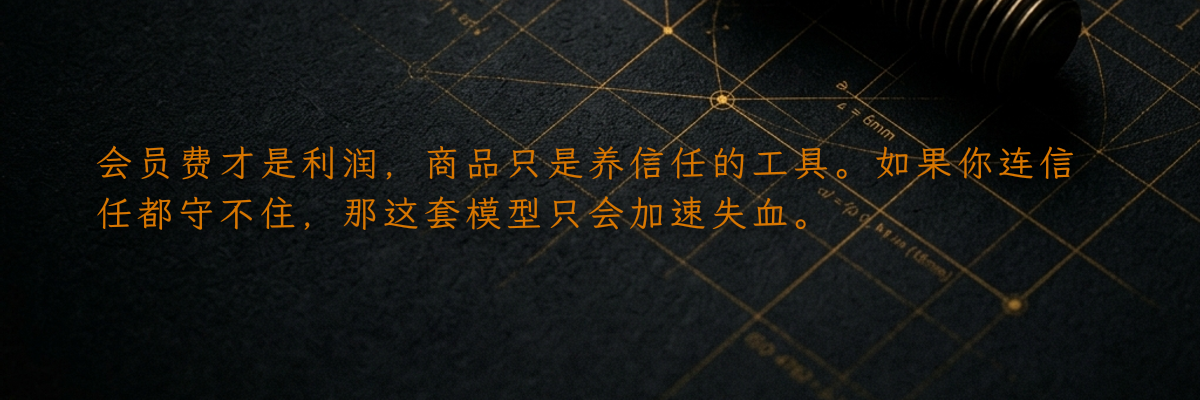 会员费才是利润,商品只是养信任的工具。如果你连信任都守不住,那这套模型只会加速失血。