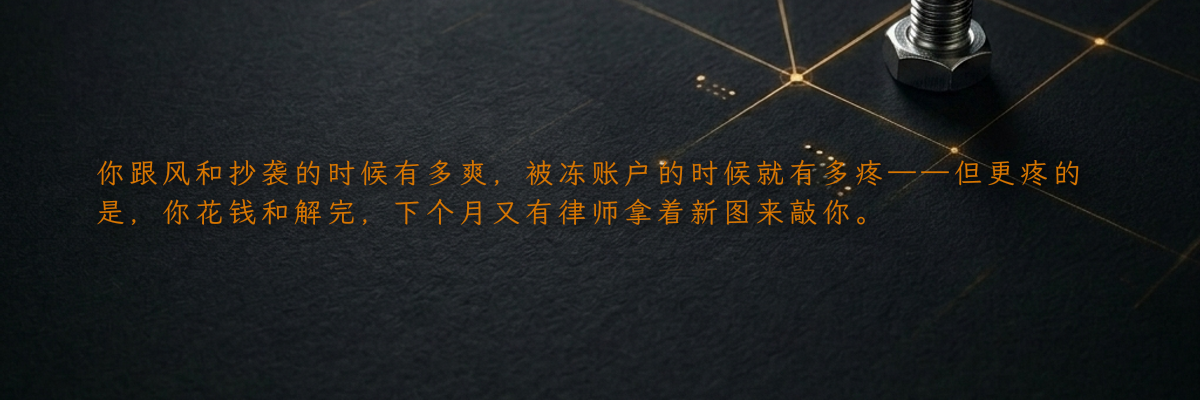 你跟风和抄袭的时候有多爽,被冻账户的时候就有多疼——但更疼的是,你花钱和解完,下个月又有律师拿着新图来敲你。