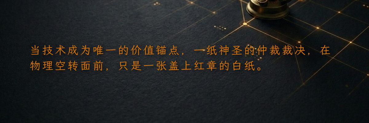 当技术成为唯一的价值锚点,一纸神圣的仲裁裁决,在物理空转面前,只是一张盖上红章的白纸。