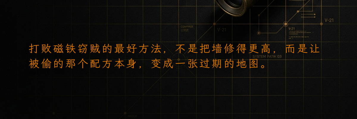 打败磁铁窃贼的最好方法,不是把墙修得更高,而是让被偷的那个配方本身,变成一张过期的地图。
