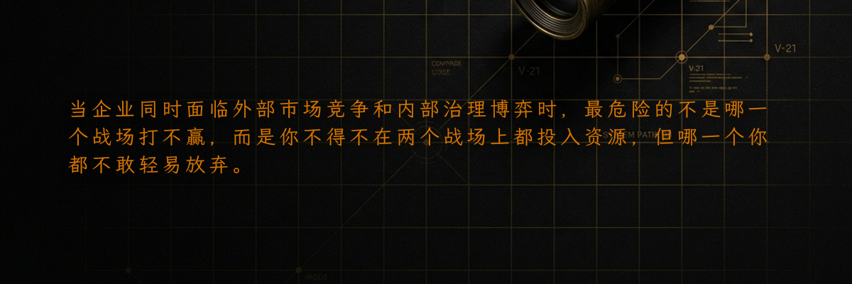 当企业同时面临外部市场竞争和内部治理博弈时,最危险的不是哪一个战场打不赢,而是你不得不在两个战场上都投入资源,但哪一个你都不敢轻易放弃。