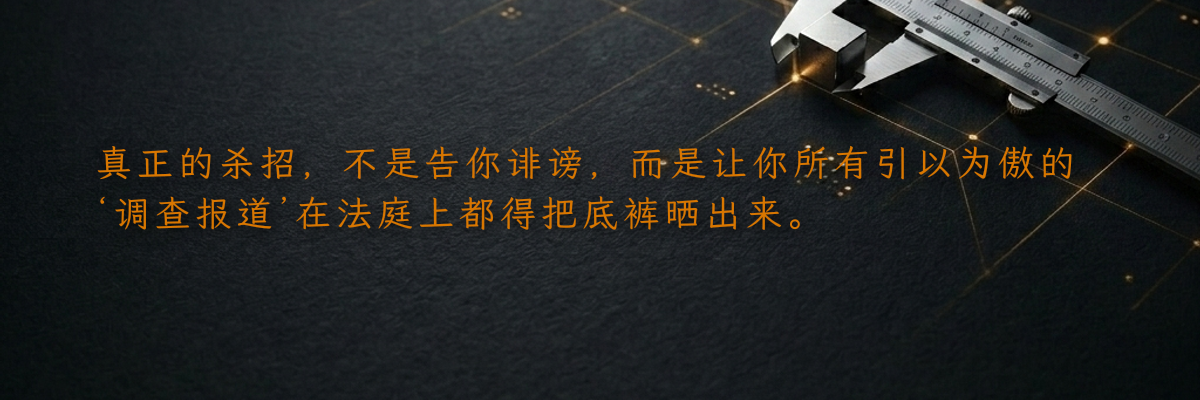 真正的杀招,不是告你诽谤,而是让你所有引以为傲的‘调查报道’在法庭上都得把底裤晒出来。