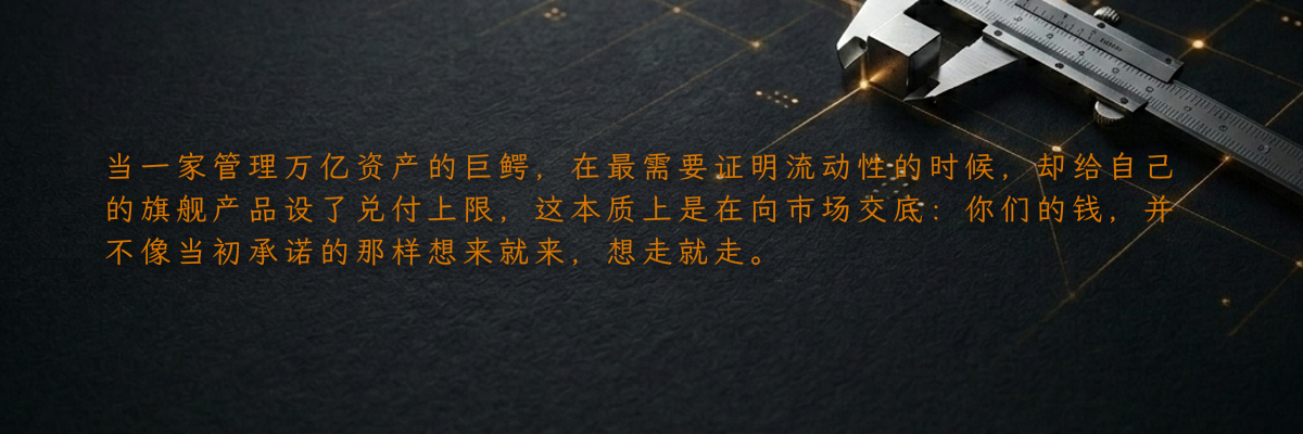当一家管理万亿资产的巨鳄,在最需要证明流动性的时候,却给自己的旗舰产品设了兑付上限,这本质上是在向市场交底:你们的钱,并不像当初承诺的那样想来就来,想走就走。