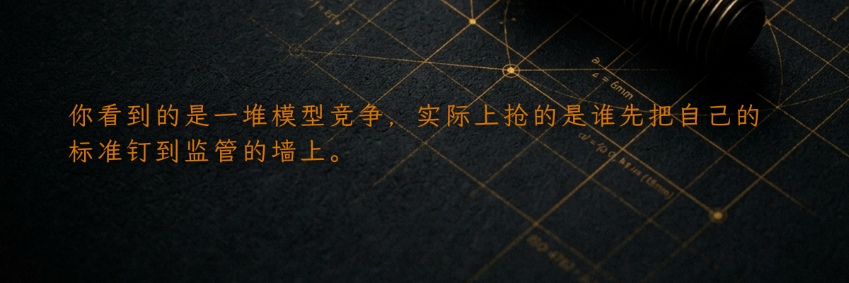 你看到的是一堆模型竞争,实际上抢的是谁先把自己的标准钉到监管的墙上。