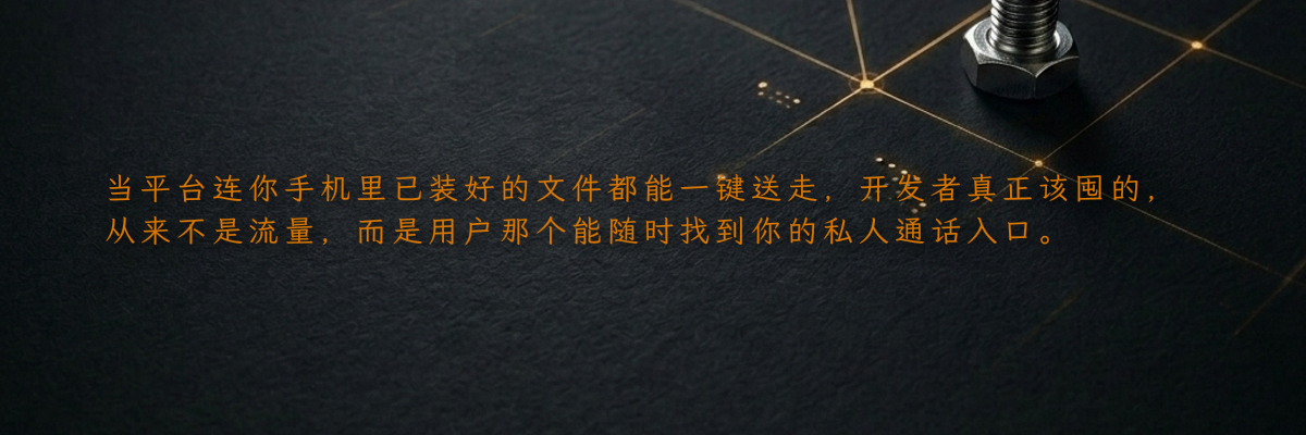 当平台连你手机里已装好的文件都能一键送走,开发者真正该囤的,从来不是流量,而是用户那个能随时找到你的私人通话入口。