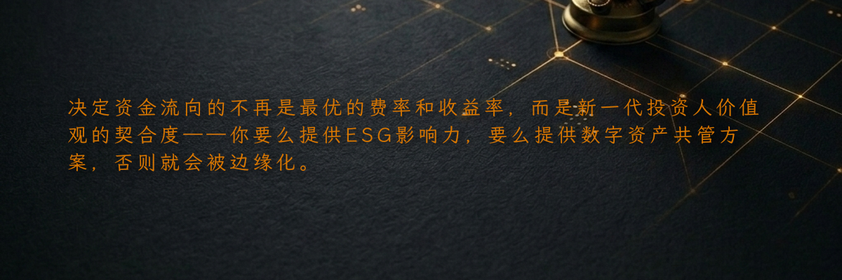 决定资金流向的不再是最优的费率和收益率,而是新一代投资人价值观的契合度——你要么提供ESG影响力,要么提供数字资产共管方案,否则就会被边缘化。
