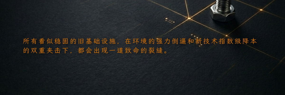 所有看似稳固的旧基础设施,在环境的强力倒逼和新技术指数级降本的双重夹击下,都会出现一道致命的裂缝。