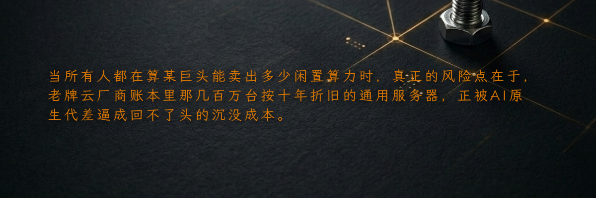 当所有人都在算某巨头能卖出多少闲置算力时,真正的风险点在于,老牌云厂商账本里那几百万台按十年折旧的通用服务器,正被AI原生代差逼成回不了头的沉没成本。