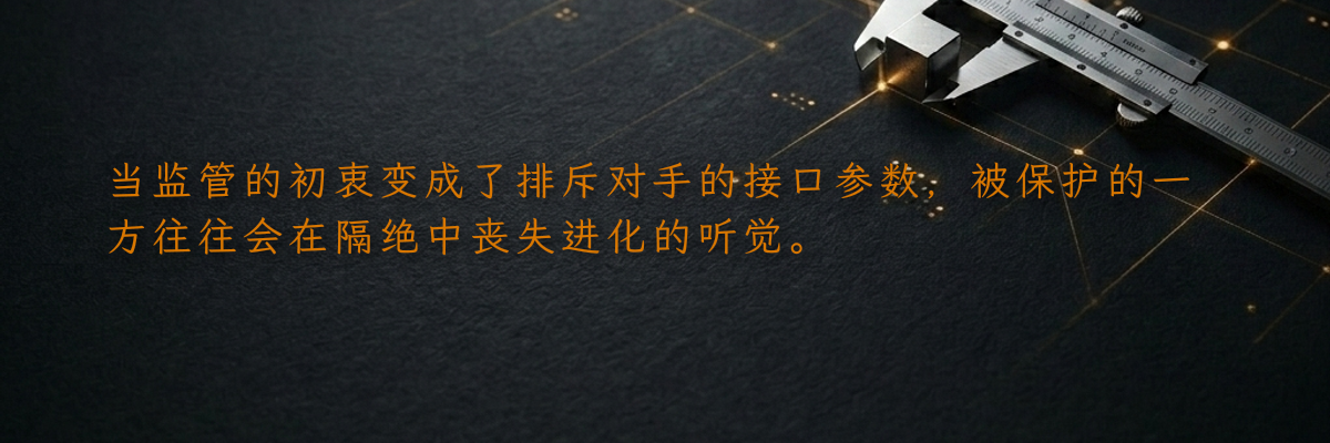 当监管的初衷变成了排斥对手的接口参数,被保护的一方往往会在隔绝中丧失进化的听觉。