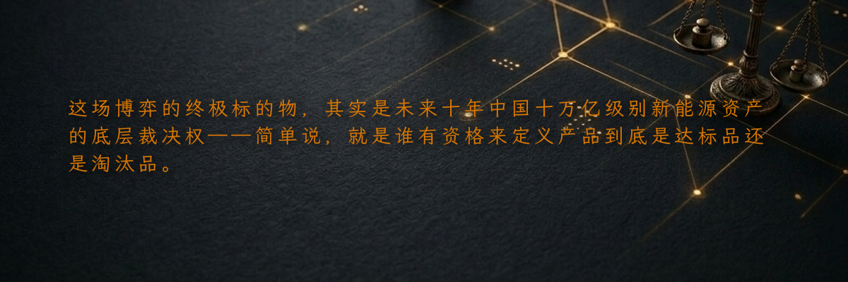 这场博弈的终极标的物,其实是未来十年中国十万亿级别新能源资产的底层裁决权——简单说,就是谁有资格来定义产品到底是达标品还是淘汰品。
