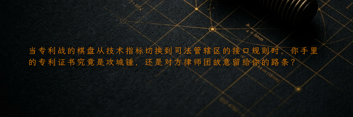 当专利战的棋盘从技术指标切换到司法管辖区的接口规则时,你手里的专利证书究竟是攻城锤,还是对方律师团故意留给你的路条?