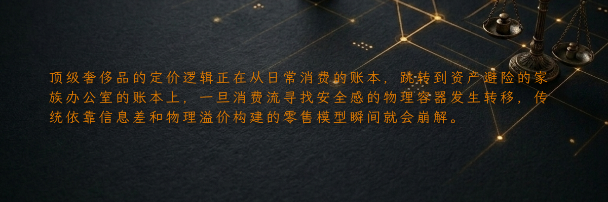 顶级奢侈品的定价逻辑正在从日常消费的账本,跳转到资产避险的家族办公室的账本上,一旦消费流寻找安全感的物理容器发生转移,传统依靠信息差和物理溢价构建的零售模型瞬间就会崩解。