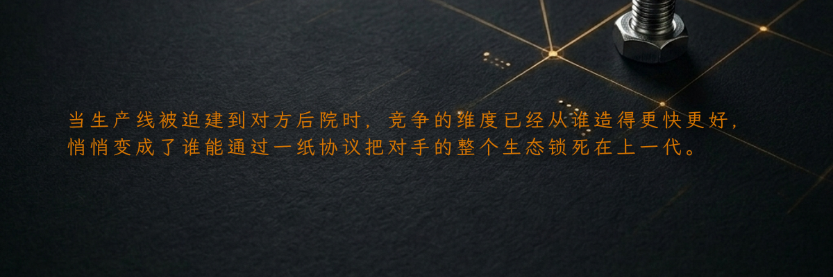 当生产线被迫建到对方后院时,竞争的维度已经从谁造得更快更好,悄悄变成了谁能通过一纸协议把对手的整个生态锁死在上一代。