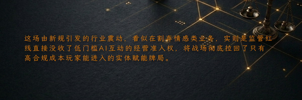 这场由新规引发的行业震动,看似在割弃情感类业务,实则是监管红线直接没收了低门槛AI互动的经营准入权,将战场彻底拉回了只有高合规成本玩家能进入的实体赋能牌局。