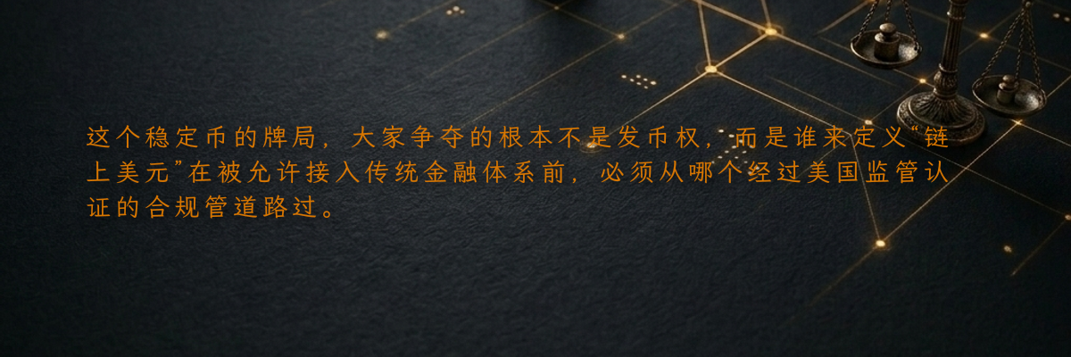 这个稳定币的牌局,大家争夺的根本不是发币权,而是谁来定义“链上美元”在被允许接入传统金融体系前,必须从哪个经过美国监管认证的合规管道路过。