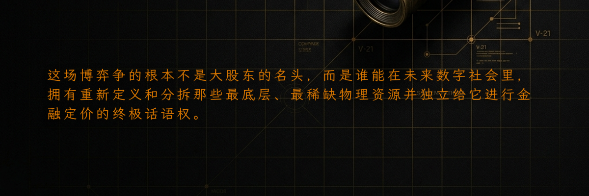 这场博弈争的根本不是大股东的名头,而是谁能在未来数字社会里,拥有重新定义和分拆那些最底层、最稀缺物理资源并独立给它进行金融定价的终极话语权。