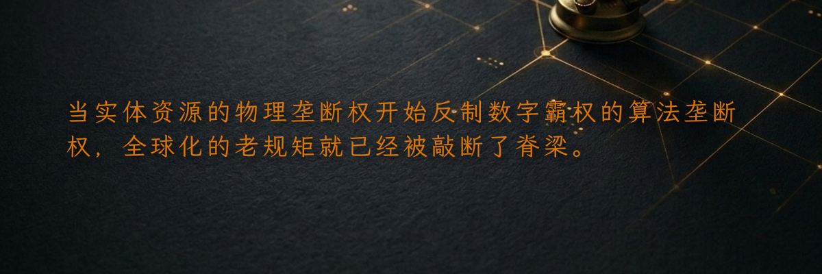 当实体资源的物理垄断权开始反制数字霸权的算法垄断权,全球化的老规矩就已经被敲断了脊梁。