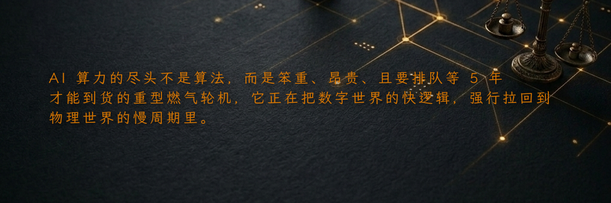 AI 算力的尽头不是算法,而是笨重、昂贵、且要排队等 5 年才能到货的重型燃气轮机,它正在把数字世界的快逻辑,强行拉回到物理世界的慢周期里。