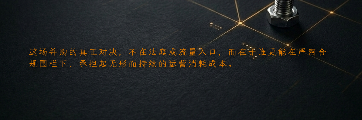 这场并购的真正对决,不在法庭或流量入口,而在于谁更能在严密合规围栏下,承担起无形而持续的运营消耗成本。