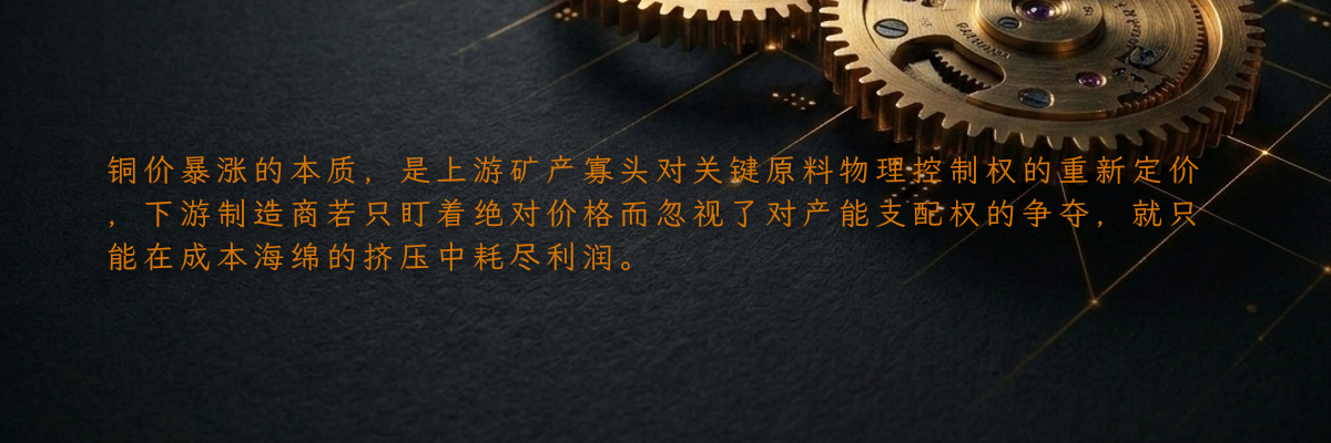 铜价暴涨的本质,是上游矿产寡头对关键原料物理控制权的重新定价,下游制造商若只盯着绝对价格而忽视了对产能支配权的争夺,就只能在成本海绵的挤压中耗尽利润。
