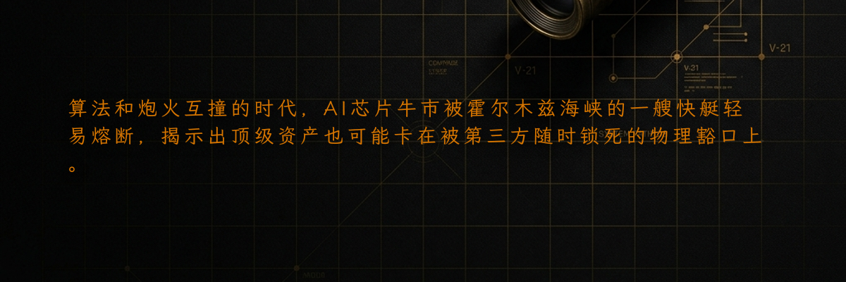 算法和炮火互撞的时代,AI芯片牛市被霍尔木兹海峡的一艘快艇轻易熔断,揭示出顶级资产也可能卡在被第三方随时锁死的物理豁口上。