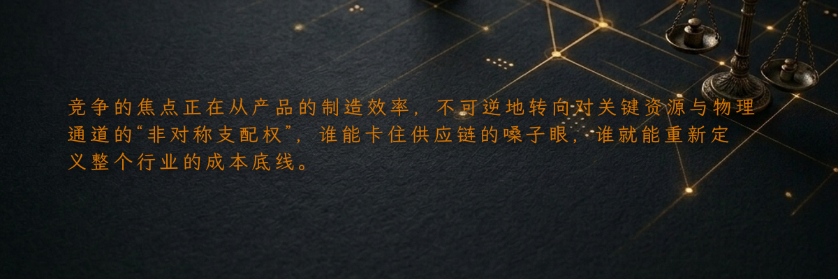 竞争的焦点正在从产品的制造效率,不可逆地转向对关键资源与物理通道的“非对称支配权”,谁能卡住供应链的嗓子眼,谁就能重新定义整个行业的成本底线。