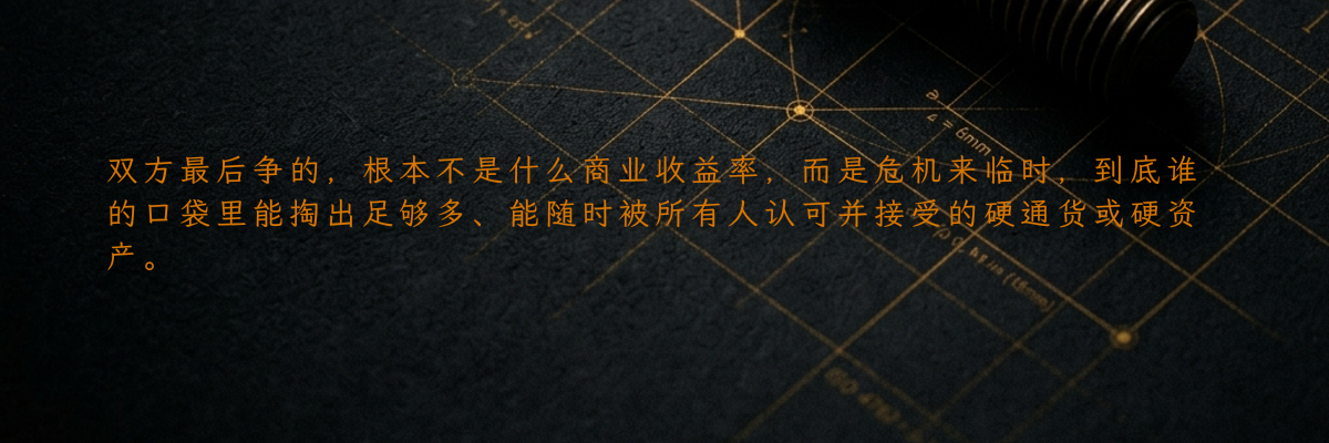 双方最后争的,根本不是什么商业收益率,而是危机来临时,到底谁的口袋里能掏出足够多、能随时被所有人认可并接受的硬通货或硬资产。