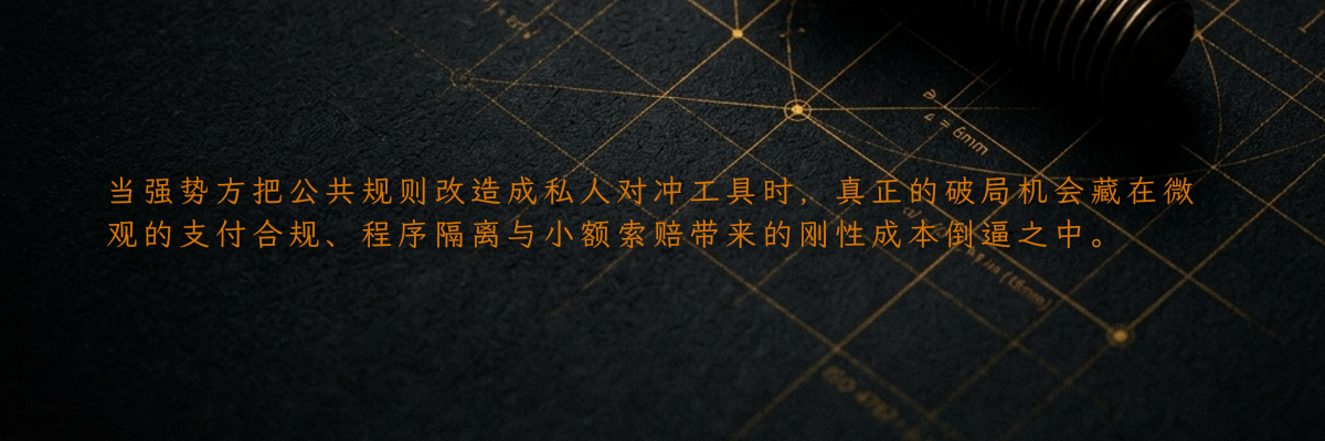 当强势方把公共规则改造成私人对冲工具时,真正的破局机会藏在微观的支付合规、程序隔离与小额索赔带来的刚性成本倒逼之中。