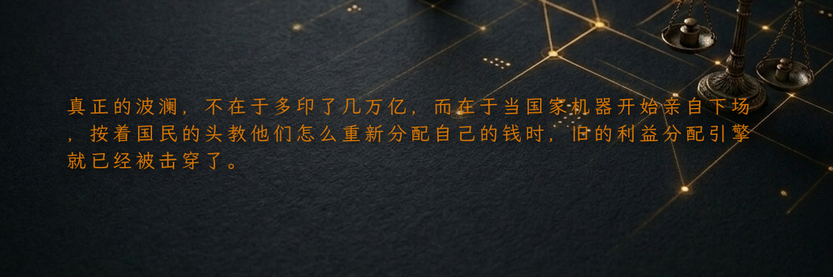真正的波澜,不在于多印了几万亿,而在于当国家机器开始亲自下场,按着国民的头教他们怎么重新分配自己的钱时,旧的利益分配引擎就已经被击穿了。
