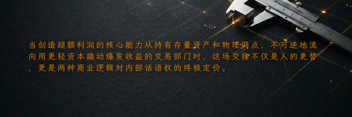 当创造超额利润的核心能力从持有存量资产和物理网点,不可逆地流向用更轻资本撬动爆发收益的交易部门时,这场交接不仅是人的更替,更是两种商业逻辑对内部话语权的终极定价。