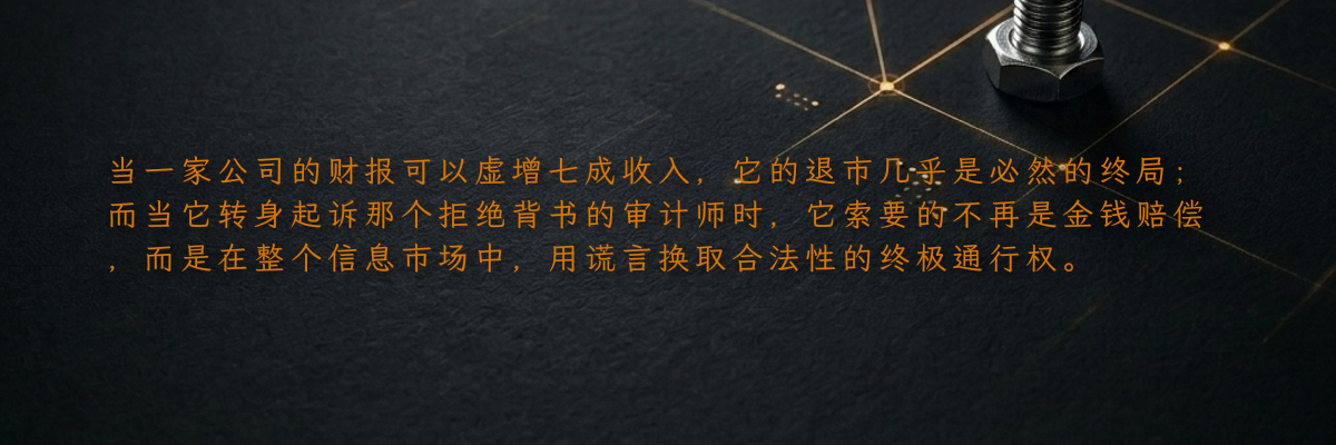 当一家公司的财报可以虚增七成收入,它的退市几乎是必然的终局;而当它转身起诉那个拒绝背书的审计师时,它索要的不再是金钱赔偿,而是在整个信息市场中,用谎言换取合法性的终极通行权。