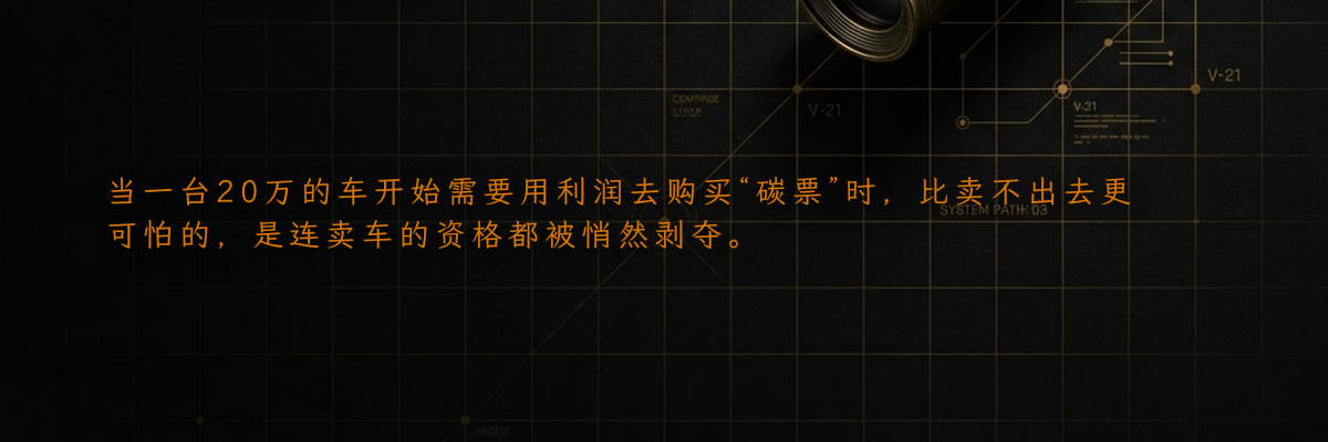 当一台20万的车开始需要用利润去购买“碳票”时,比卖不出去更可怕的,是连卖车的资格都被悄然剥夺。