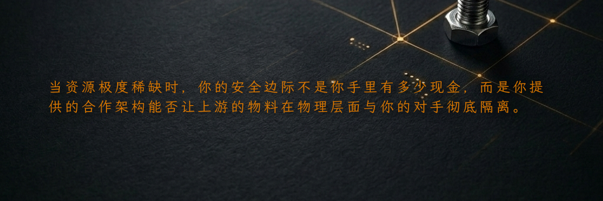 当资源极度稀缺时,你的安全边际不是你手里有多少现金,而是你提供的合作架构能否让上游的物料在物理层面与你的对手彻底隔离。