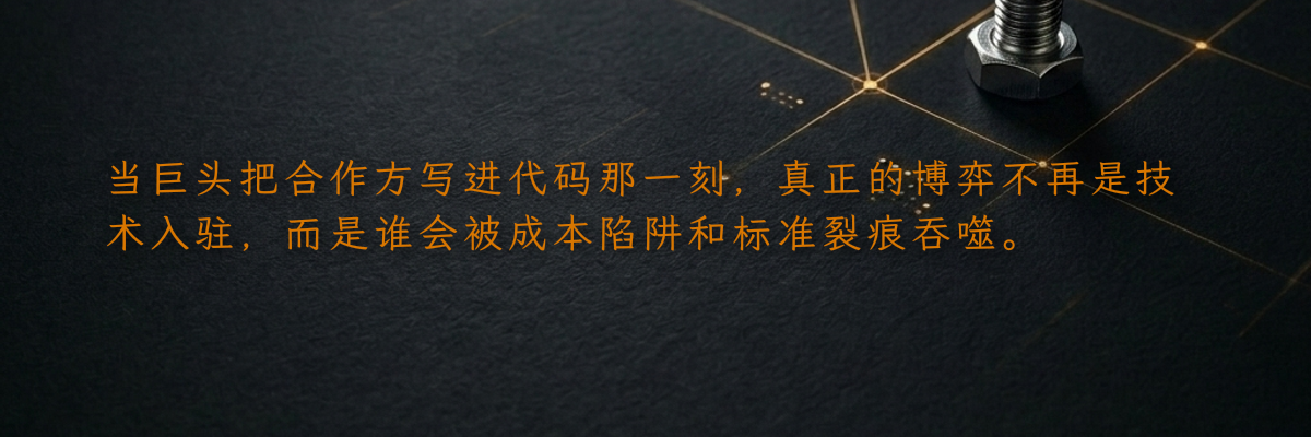 当巨头把合作方写进代码那一刻,真正的博弈不再是技术入驻,而是谁会被成本陷阱和标准裂痕吞噬。