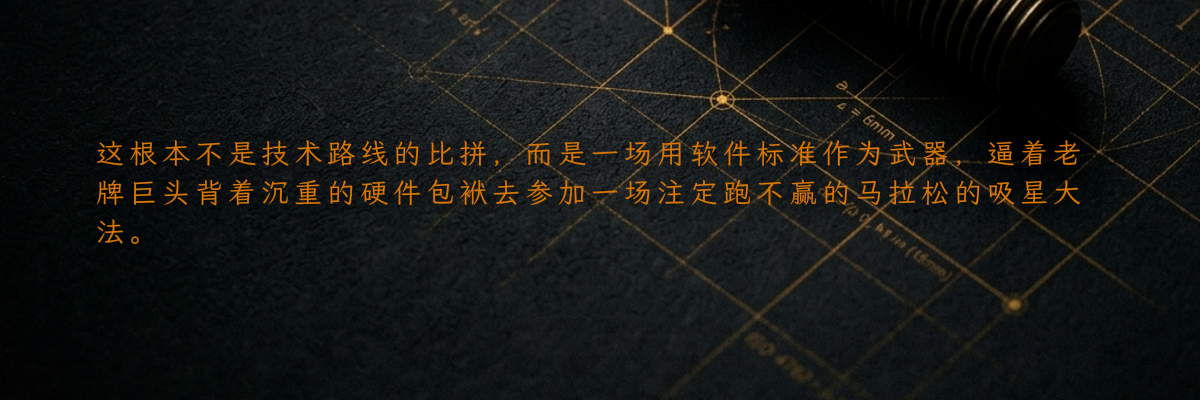 这根本不是技术路线的比拼,而是一场用软件标准作为武器,逼着老牌巨头背着沉重的硬件包袱去参加一场注定跑不赢的马拉松的吸星大法。