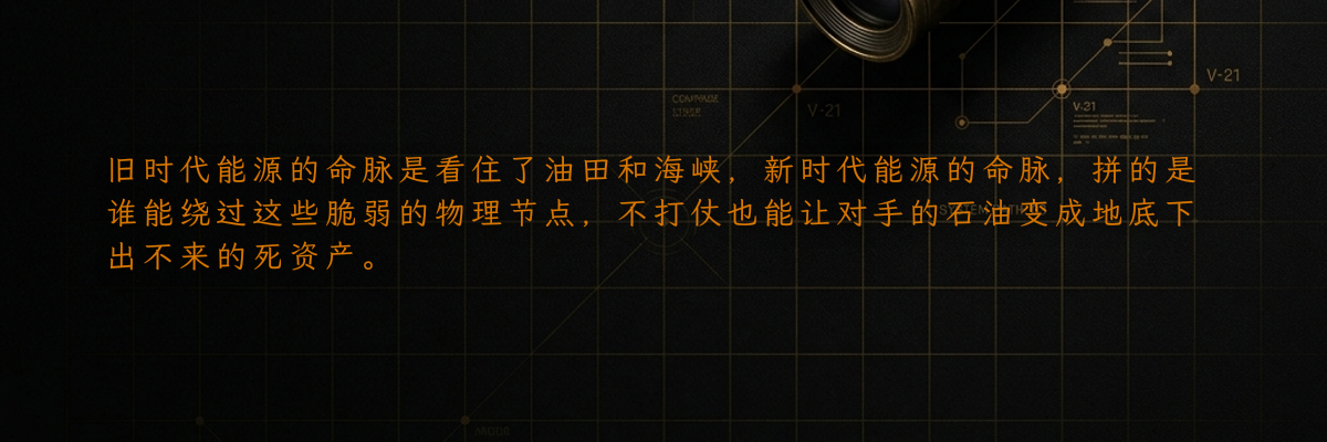 旧时代能源的命脉是看住了油田和海峡,新时代能源的命脉,拼的是谁能绕过这些脆弱的物理节点,不打仗也能让对手的石油变成地底下出不来的死资产。