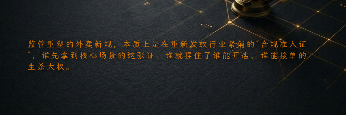 监管重塑的外卖新规,本质上是在重新发放行业紧俏的“合规准入证”,谁先拿到核心场景的这张证,谁就捏住了谁能开店、谁能接单的生杀大权。