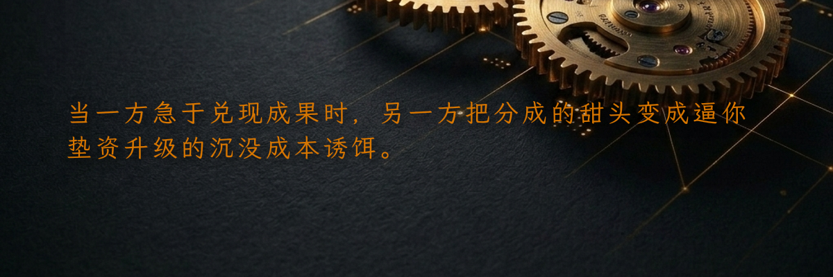 当一方急于兑现成果时,另一方把分成的甜头变成逼你垫资升级的沉没成本诱饵。