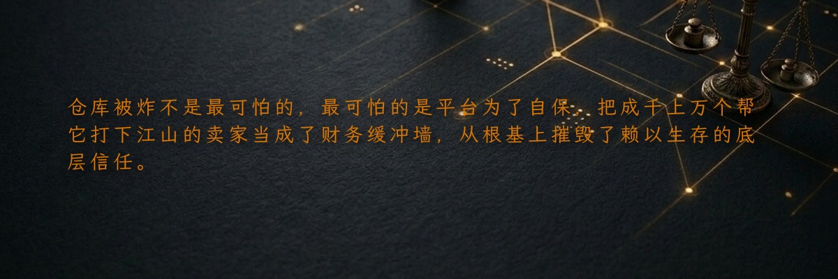 仓库被炸不是最可怕的,最可怕的是平台为了自保,把成千上万个帮它打下江山的卖家当成了财务缓冲墙,从根基上摧毁了赖以生存的底层信任。