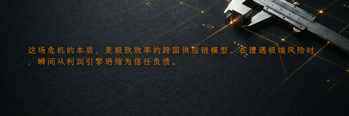 这场危机的本质,是极致效率的跨国供应链模型,在遭遇极端风险时,瞬间从利润引擎坍缩为信任负债。