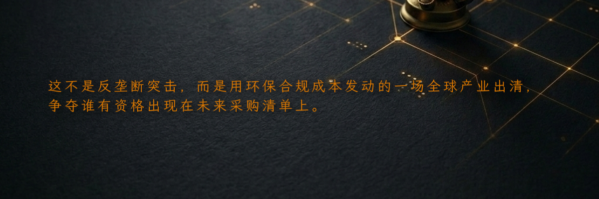 这不是反垄断突击,而是用环保合规成本发动的一场全球产业出清,争夺谁有资格出现在未来采购清单上。